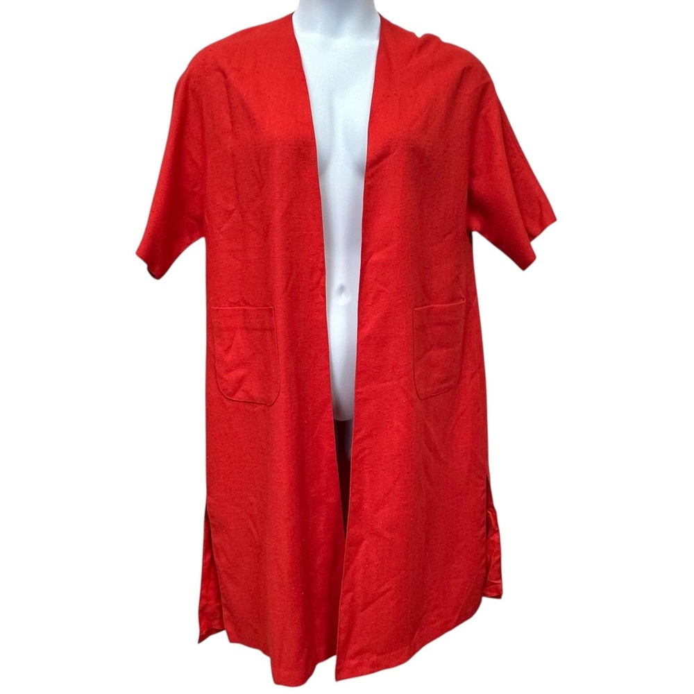 VTG MJ Seattle Duster Cardigan Womens L Red Linen Look Short Sleeve‎ Open Top